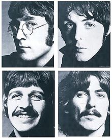 A square quartered into four head shots of young men with moptop haircuts. Clockwise from top left, one smiles jauntily towards his right, one faces forward excitedly with an opened mouth, one smiles with his left eye half closed as if blinking, and one looks up with his tongue stuck out slightly as if licking his lips. All four wear white shirts and dark coats.